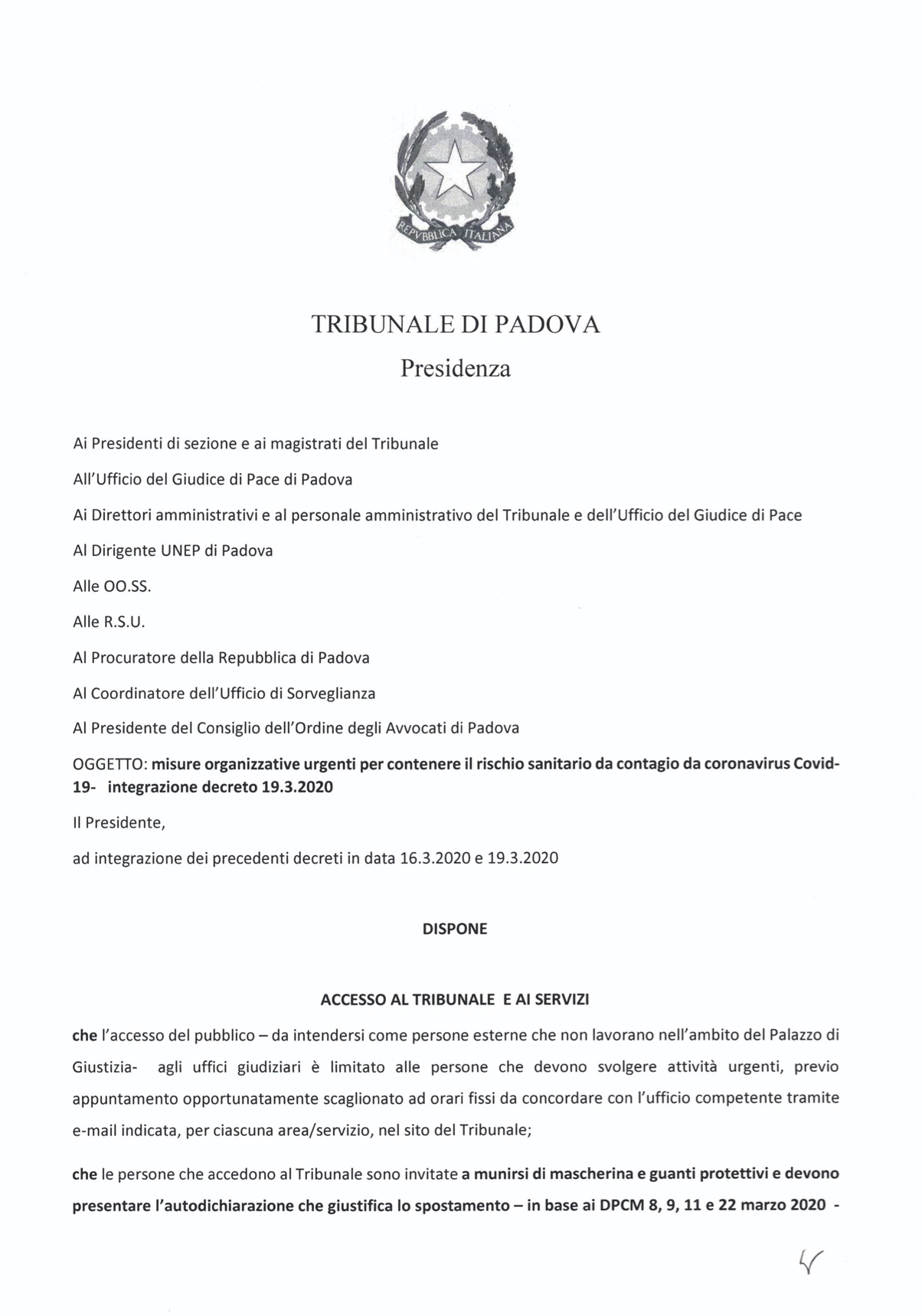Provvedimento Presidente Tribunale di Padova 31.03.2020 - Misure organizzative urgenti per contenere il rischio sanitario da contagio Covid-19 - Integrazione decreto 19.03.2020